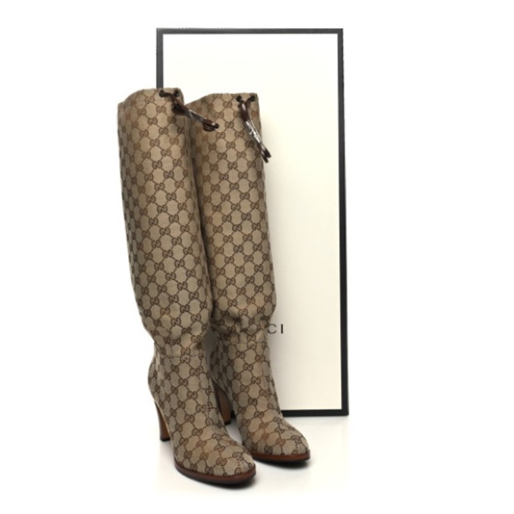 New GUCCI Lisa boots GG monogram beige CANVAS KNEE-HIGH Lisa heeled boots - Picture 9 of 10